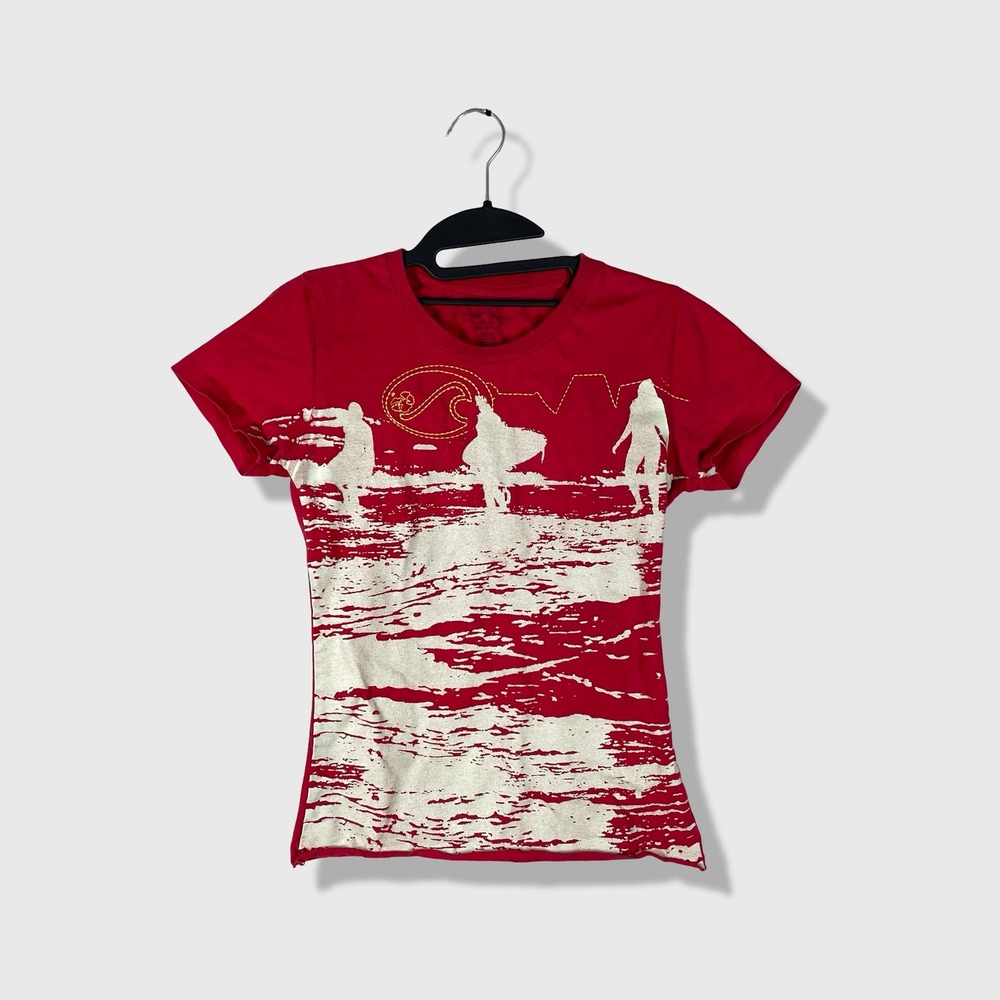 Wild Waves Graphic T-Shirt Womens Medium Red Surf Beach Coastal Y2K Skater